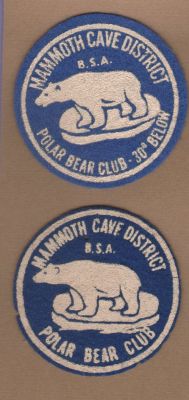 Mammoth Cave Polar Bear
Polar Bear Badge for camping out in below freezing temps at Rotary Scout Camp.  Darker badge 1st ed.  
circa 60s-70s first.  Later ed. 80s and beyond. 
