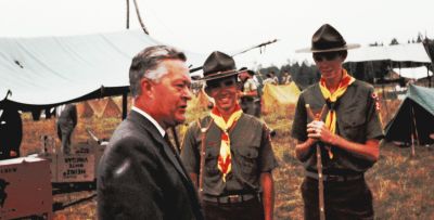 IV Rover Moot  Mekinac Canada (1962)
Jean Lesage:Prime Minister of Quebec meets Pat Lakin and Jerry Frodge in our camp at the moot.
NOTE:  Reveille was announced by the military firing an aerial burst from a large mortar round.  The ground shook!  No one slept through it!
