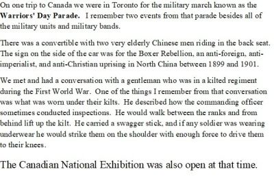 Warriors' Day Parade Remembrances
The Canadian National Exhibition was also open at that time.
